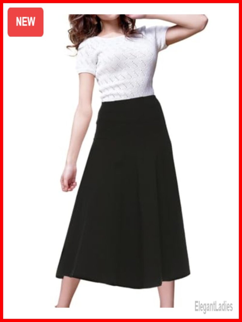 Women's Cotton Midi 33 Inch Panel Skirt Elastic Waist Pleated Office Fit Flare